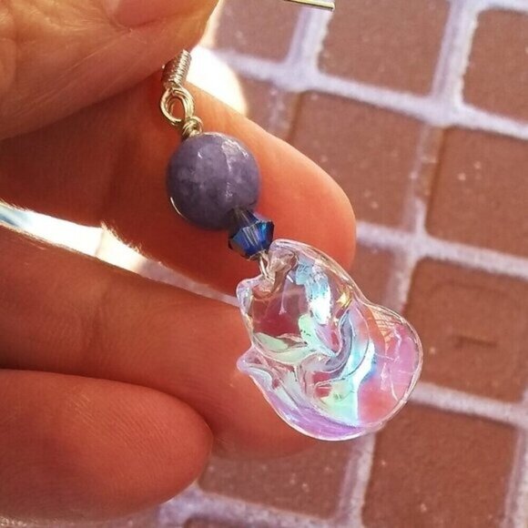 Iridescent + Glam! Fox Cub Pup Kitten Furbaby - Sparkling Dangle Earrings  2.5" - Picture 7 of 7